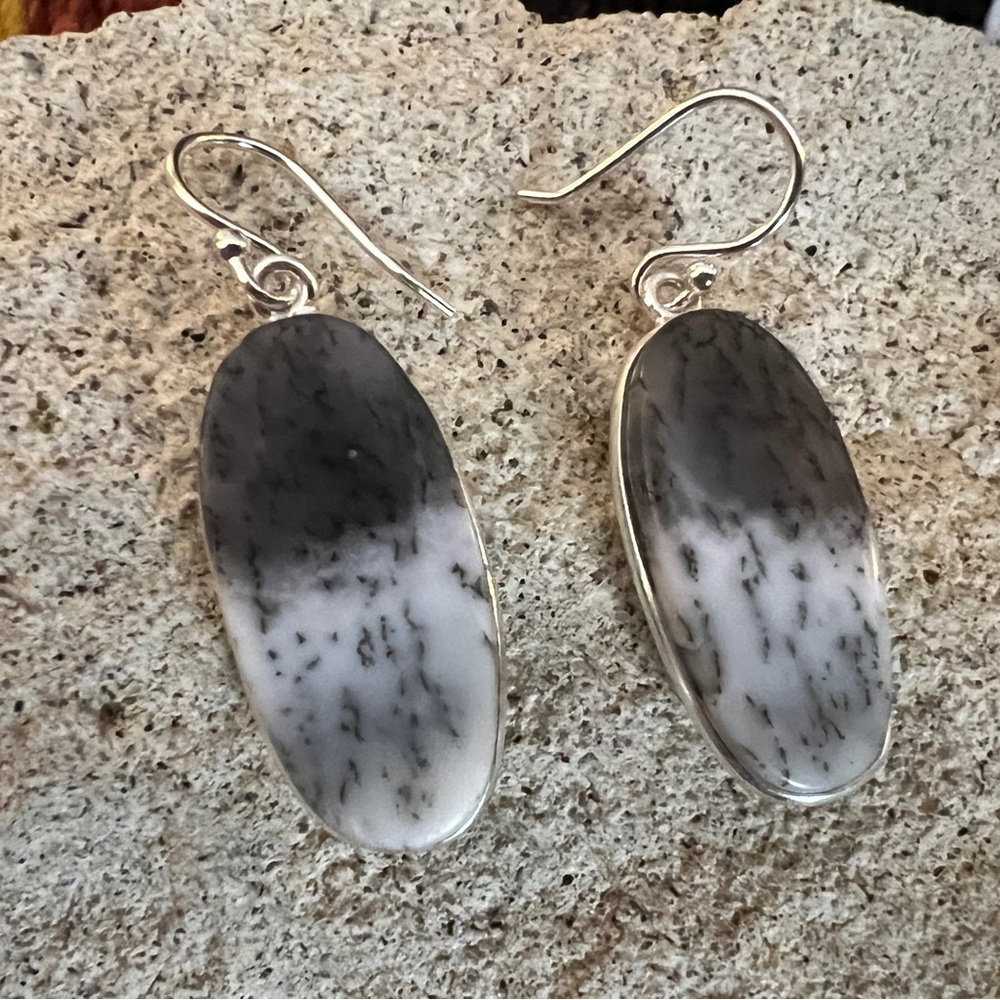 ❤️ Dendritic Opal Navajo Southwestern 925 Dangle Earrings 1.48”L - 6.2 Gm